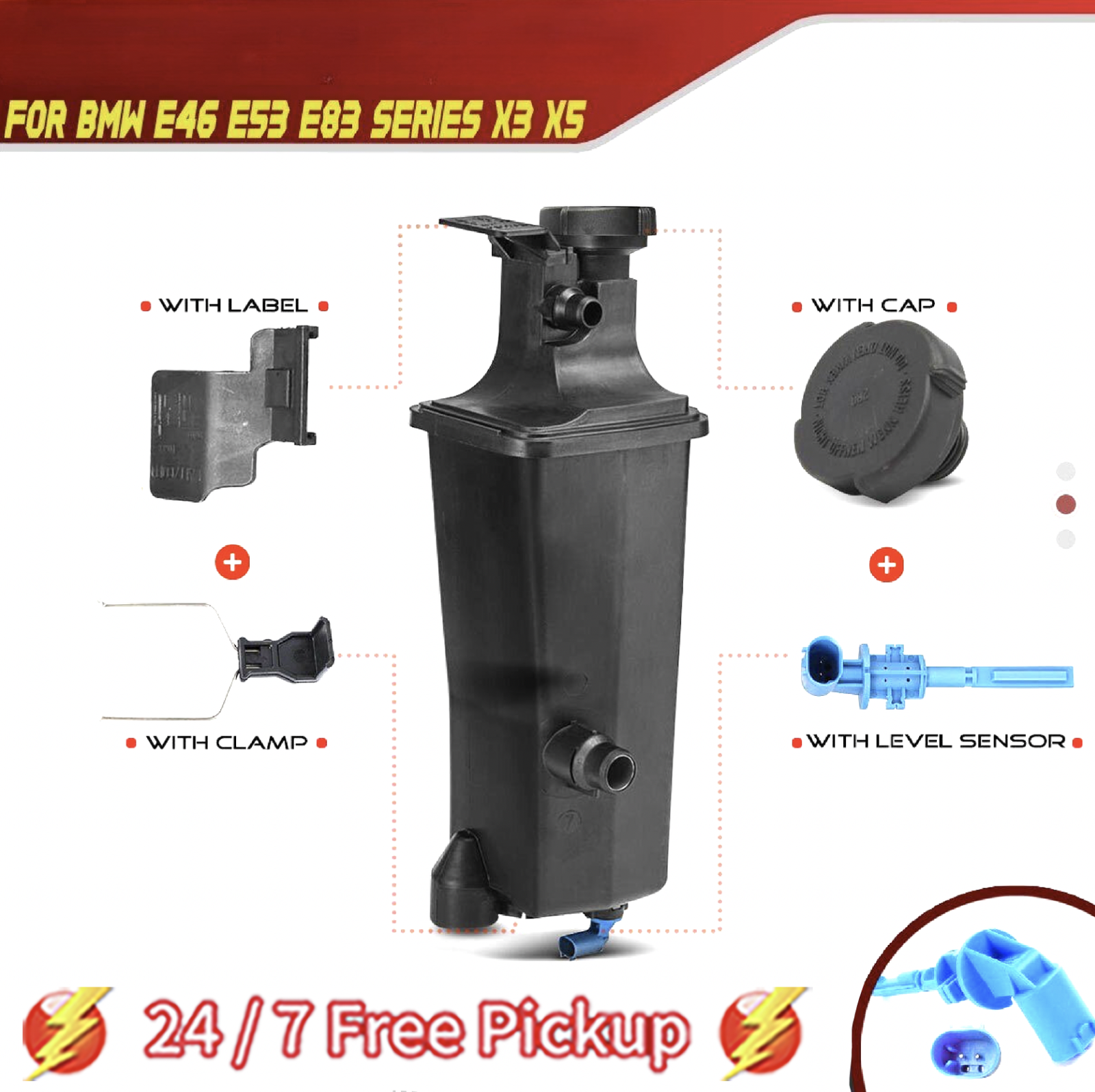 Radiator Coolant Expansion Tank for BMW E46 E53 E83 X3 X5 With Cap and Sensor