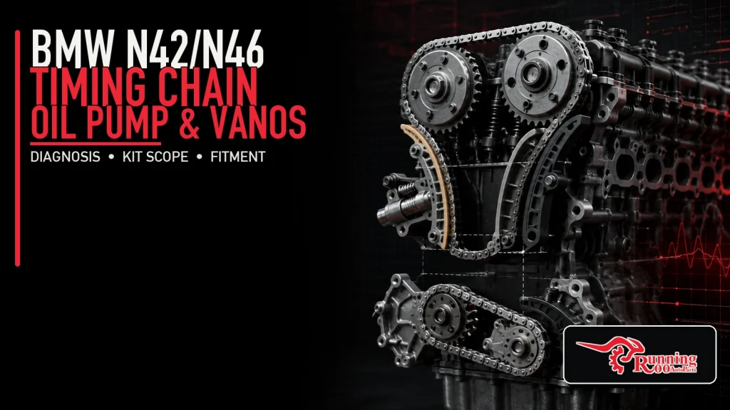 Illustrative BMW N42/N46 timing chain, oil-pump chain and VANOS guide cover – RunningRoo Auto Parts