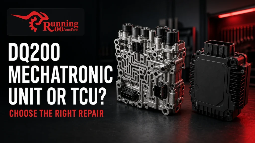 AI-generated technical illustration comparing a DQ200 mechatronic unit and TCU for a RunningRoo Auto Parts repair guide
