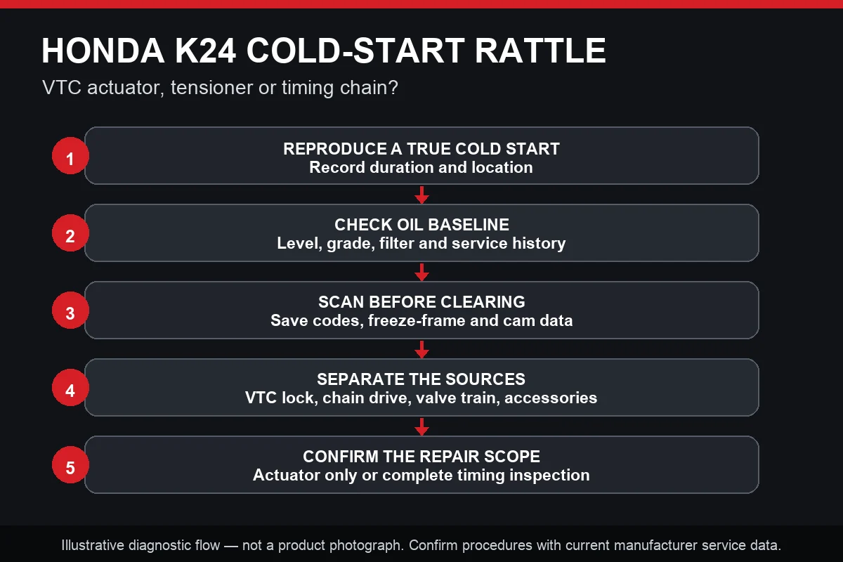 Honda K24 cold-start rattle diagnostic flowchart covering oil, scan data, VTC actuator and timing-chain checks