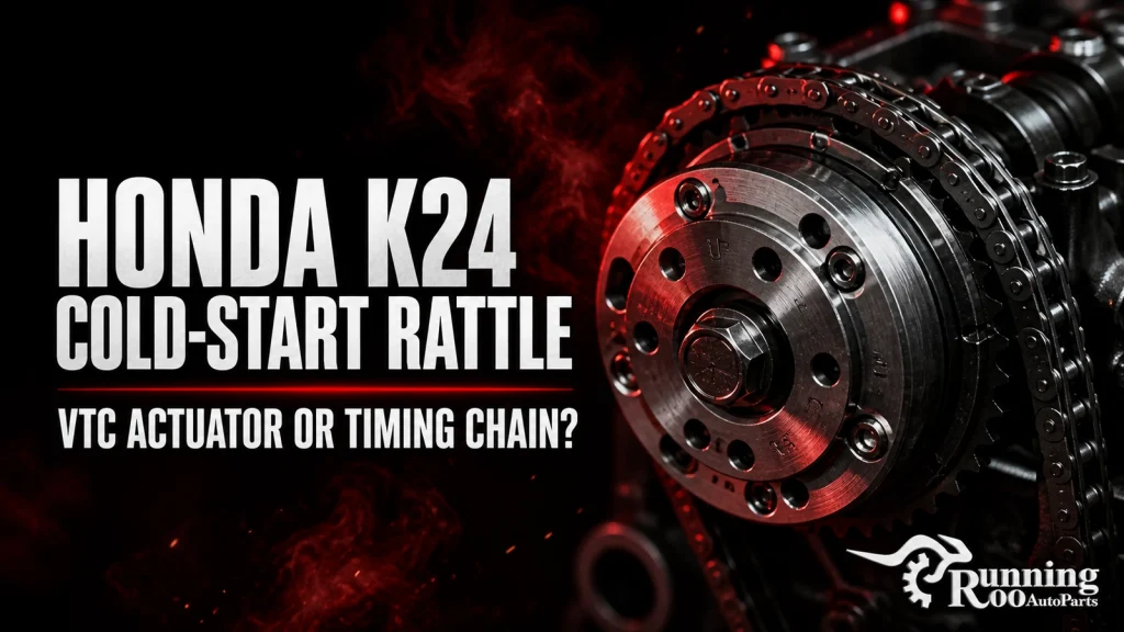 Illustrative Honda K24 VTC actuator and timing-chain cold-start rattle guide