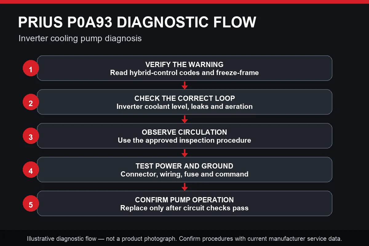 Toyota Prius P0A93 inverter water-pump diagnostic flowchart covering scan, coolant, electrical and circulation checks