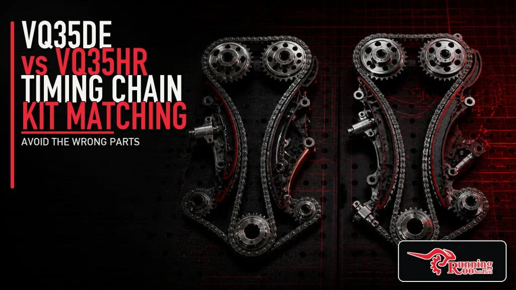 Illustrative VQ35DE versus VQ35HR timing-chain kit fitment guide cover