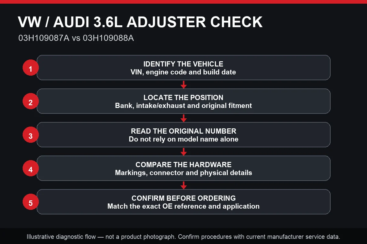 VW and Audi 3.6L camshaft-adjuster diagnostic and part-number checking flowchart
