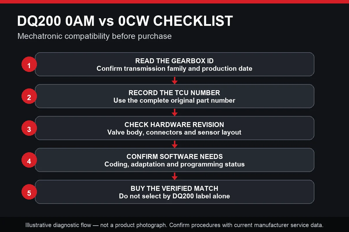 DQ200 0AM and 0CW mechatronic diagnostic and pre-purchase checking flowchart