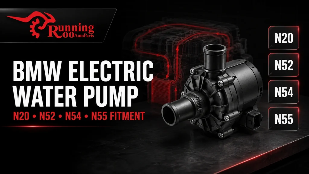AI-generated technical illustration of a BMW-style electric water pump for a RunningRoo Auto Parts fitment guide