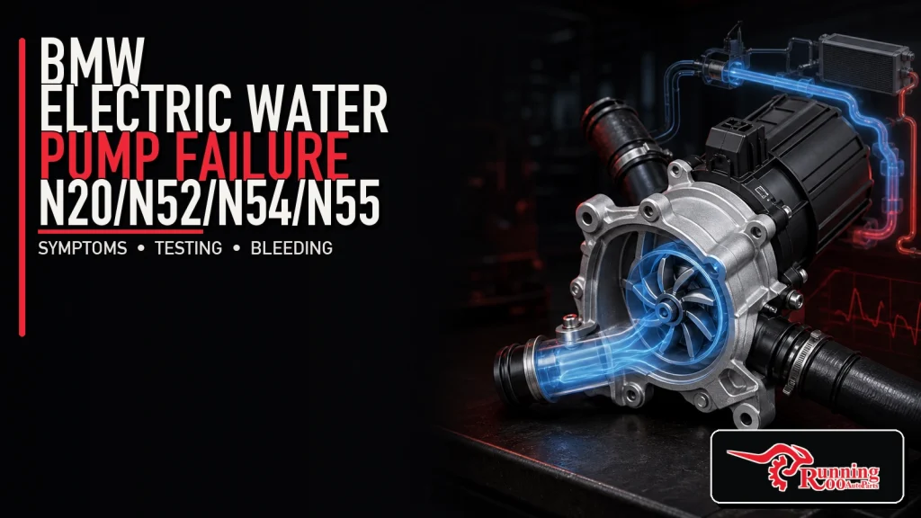Illustrative BMW electric coolant water pump diagnostic artwork showing pump, impeller and coolant flow