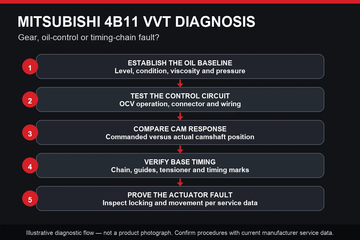 Mitsubishi 4B11 VVT-gear diagnostic flowchart covering oil, scan data, control-valve and mechanical-timing checks