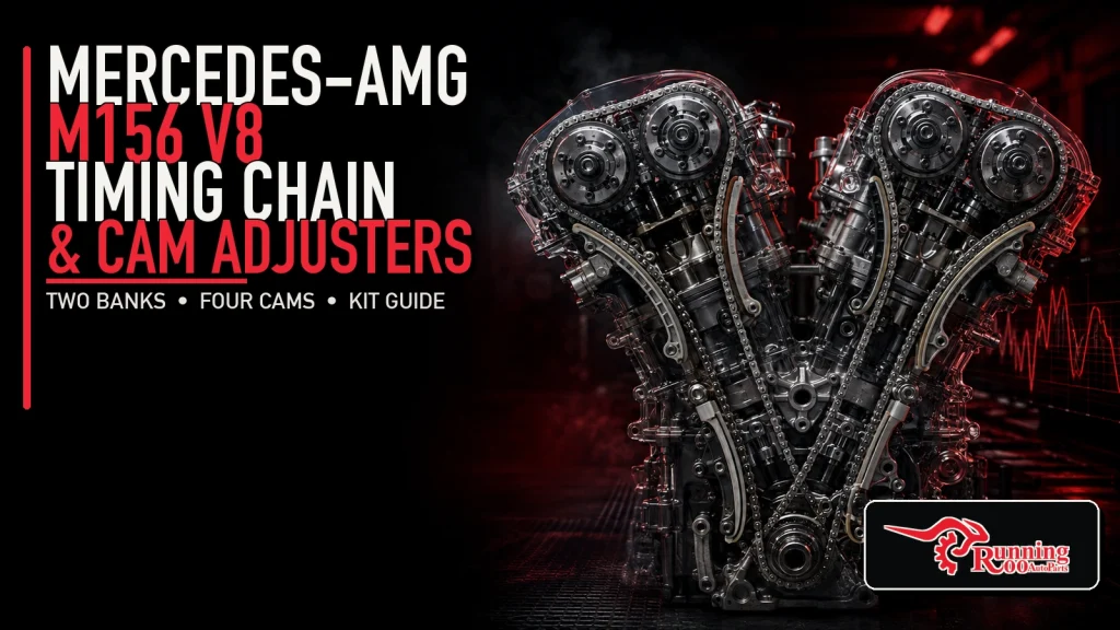 Illustrative Mercedes-AMG M156 timing chain and camshaft adjuster kit guide cover – RunningRoo Auto Parts