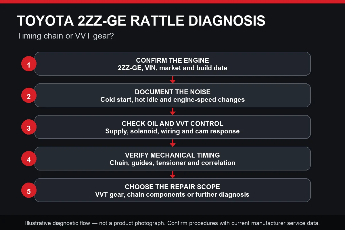 Toyota 2ZZ-GE timing-chain and VVT-gear rattle diagnostic flowchart