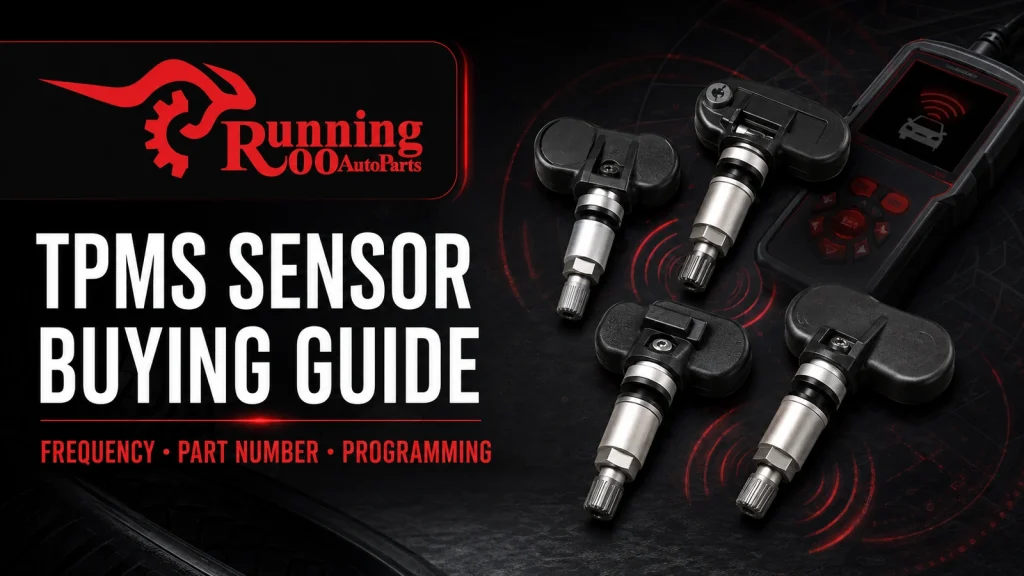 AI-generated technical illustration of TPMS tyre-pressure sensors and programming equipment for RunningRoo Auto Parts