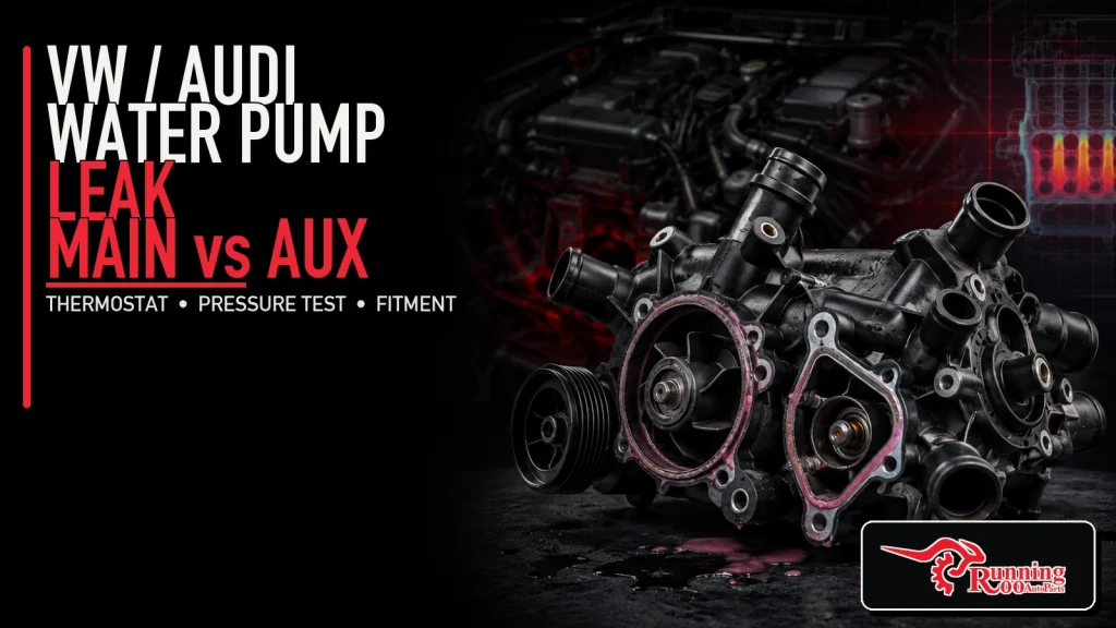 Illustrative VW and Audi water pump and thermostat housing leak diagnostic artwork with pink coolant traces