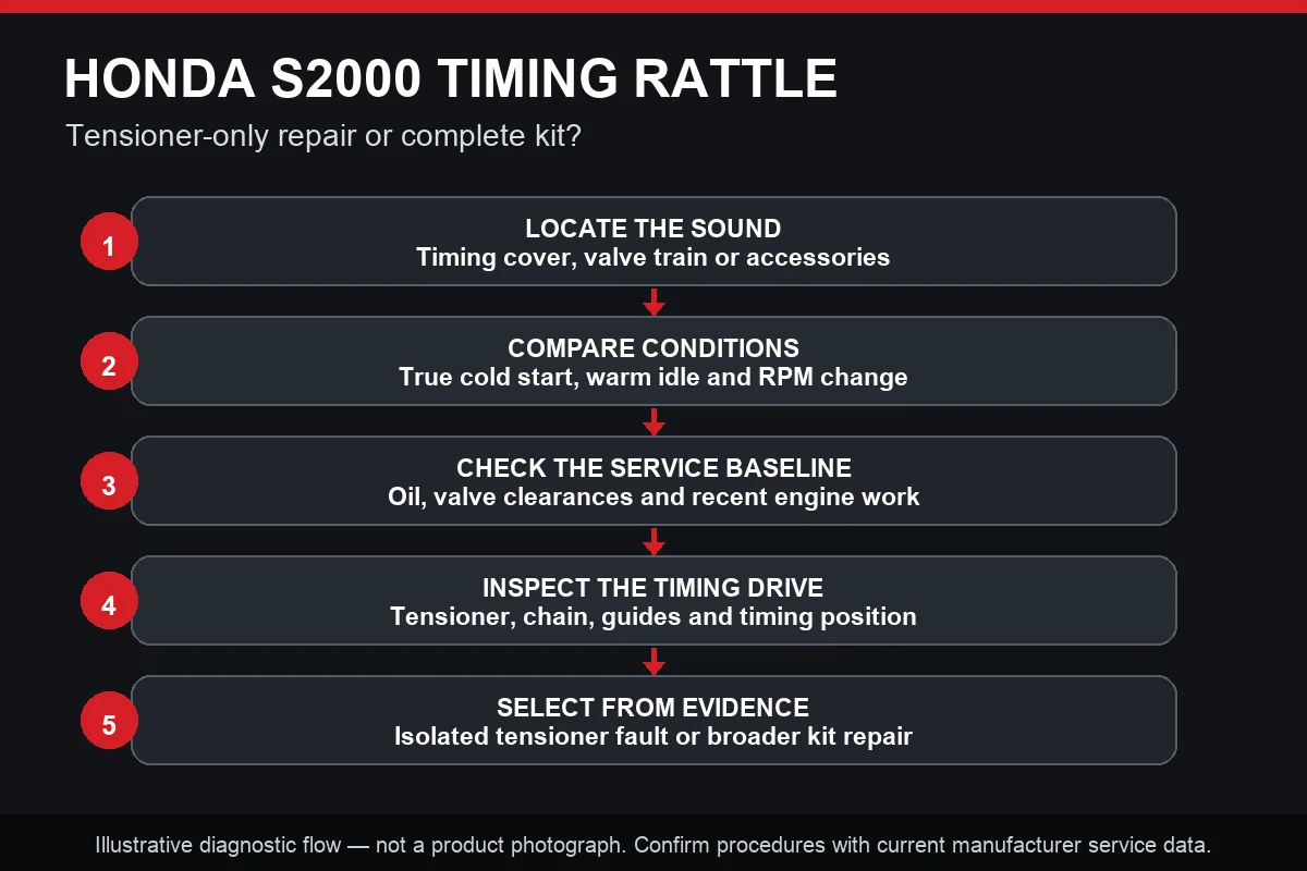 Honda S2000 timing-chain tensioner rattle diagnostic flowchart