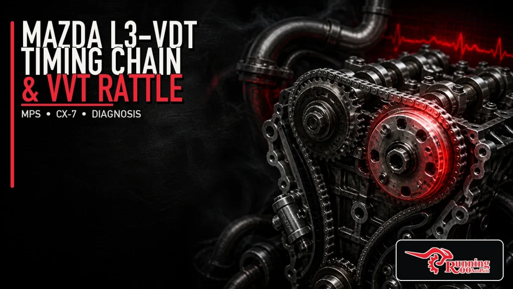 Illustrative Mazda L3-VDT timing-chain and VVT-rattle guide cover
