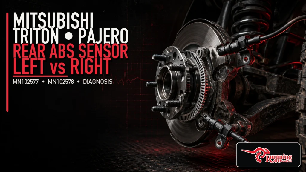 Illustrative Mitsubishi Triton and Pajero rear ABS wheel-speed sensor artwork showing hub reluctor and left-right leads