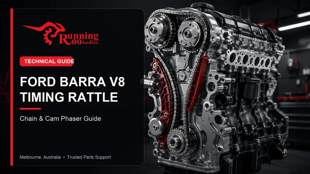 Illustrative Ford Barra V8 timing and cam-phaser rattle technical guide cover – RunningRoo Auto Parts