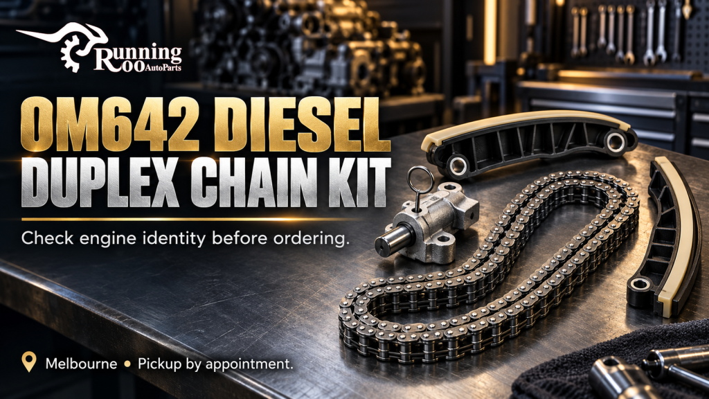 Mercedes OM642 Duplex Timing Chain Kit: Five-Rail Package and Engine Identity Checks — RunningRoo illustrated guide cover