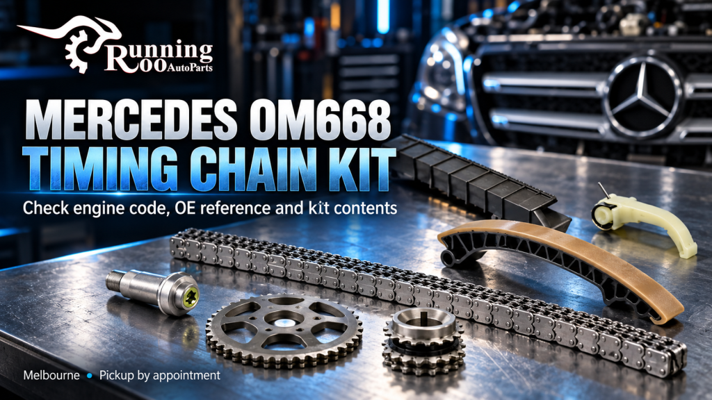 Mercedes OM668 timing chain kit with gears — RunningRoo editorial cover illustration